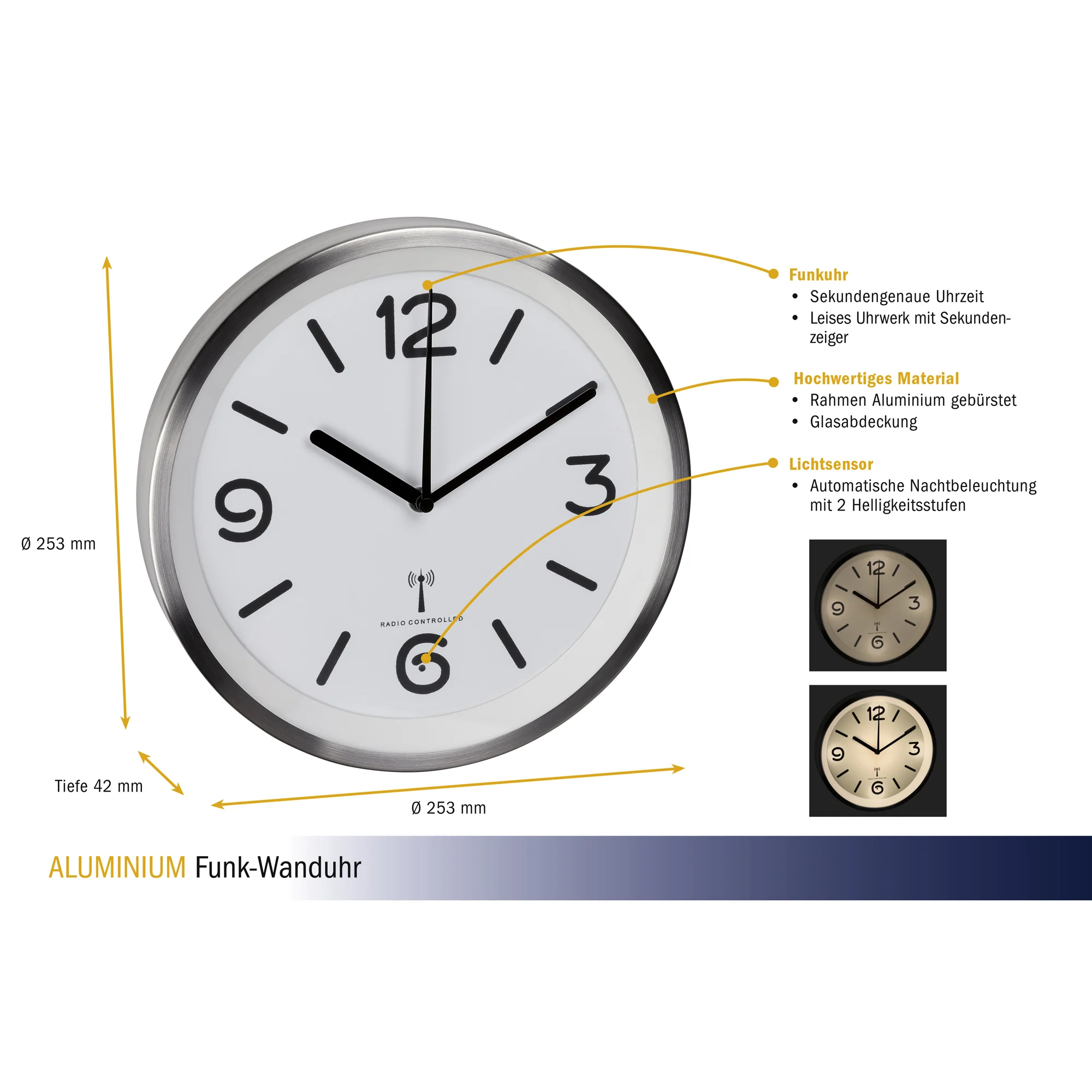 Analoge Funk-Wanduhr mit Nachtbeleuchtung, gebürstetes Edelstahl, ø 25 cm - Image 3