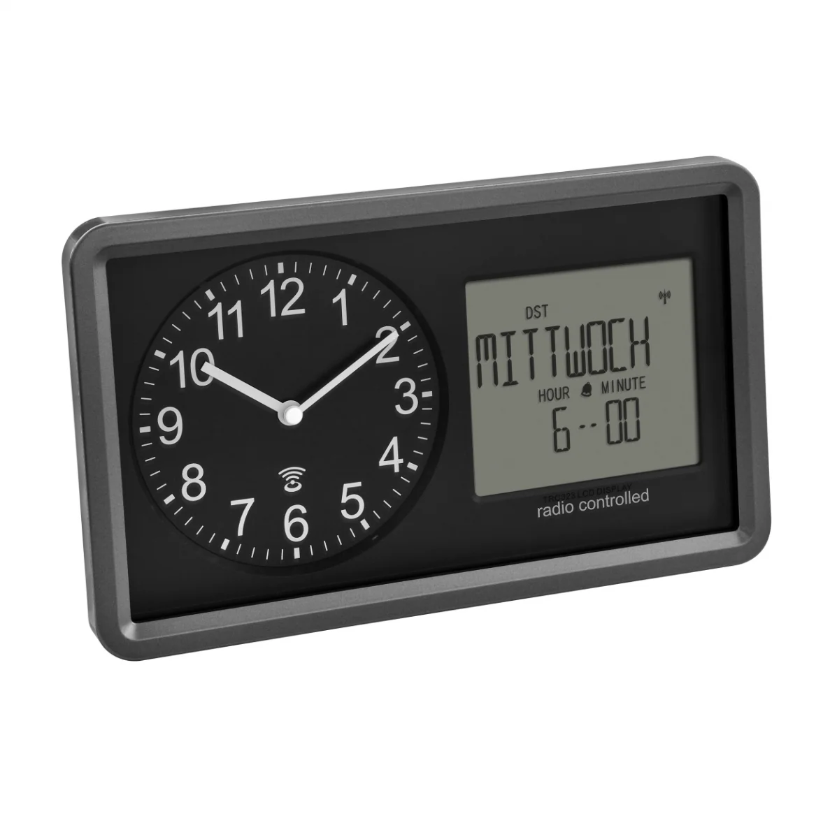 Analoge XL-Funkuhr mit Kalender, ausgeschriebener Wochentag, große Digitalanzeige, 25x15cm