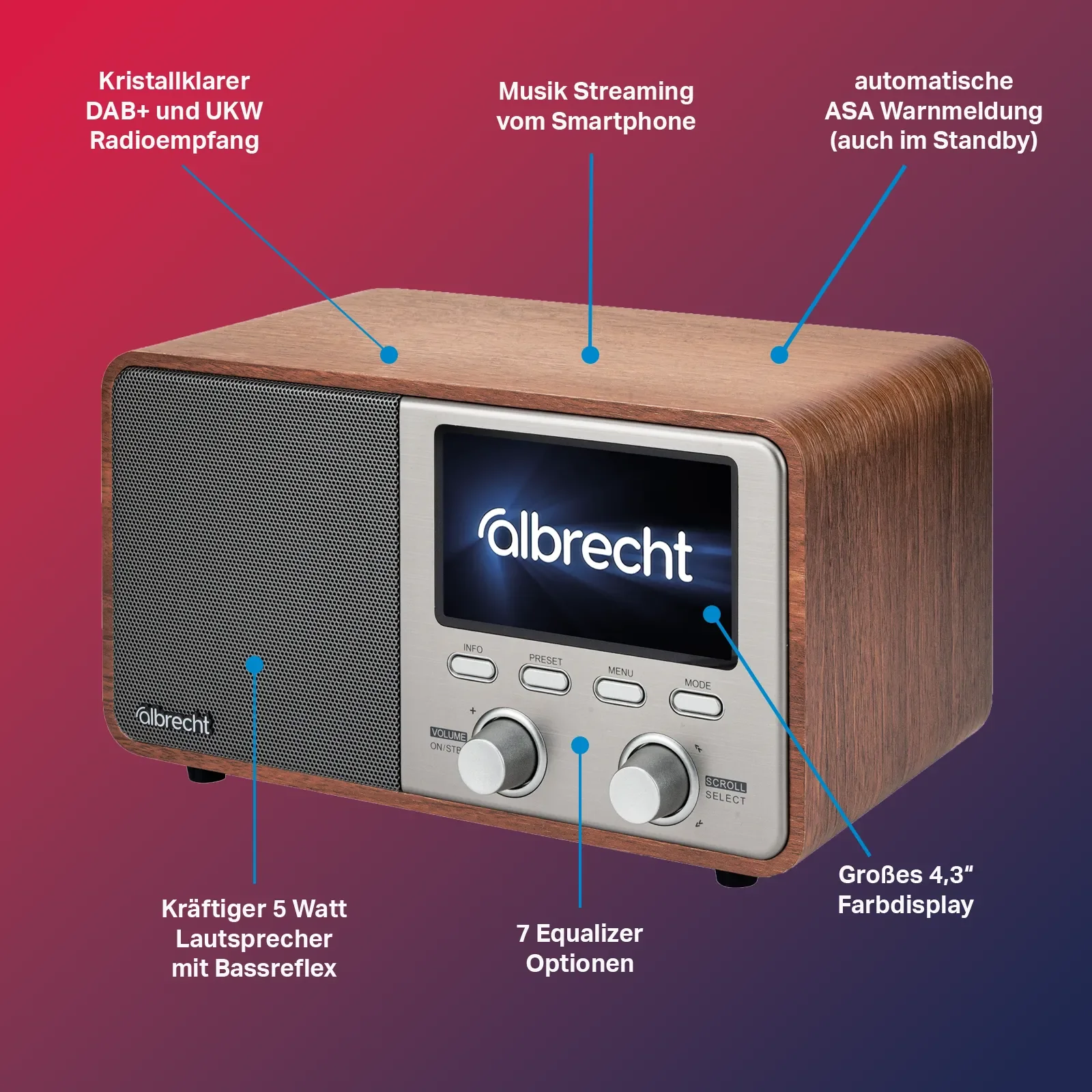 Digital-Radio DR 760 von Albrecht im Retro-Design, 4,3“ Farbdisplay, DAB+/UKW, BT-Musikstreaming, 5-Watt-RMS-Lautsprecher mit Bassreflex - Image 6
