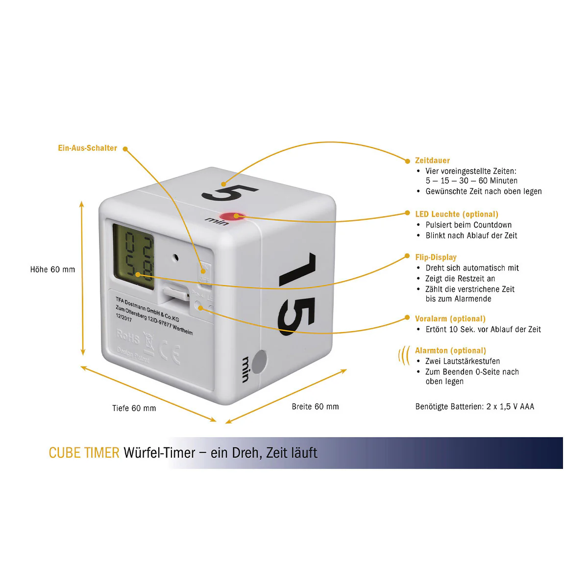 Digitaler Timer CUBE TIMER, sehr einfache Bedienung, 5-15-30-60 Minuten - Image 4