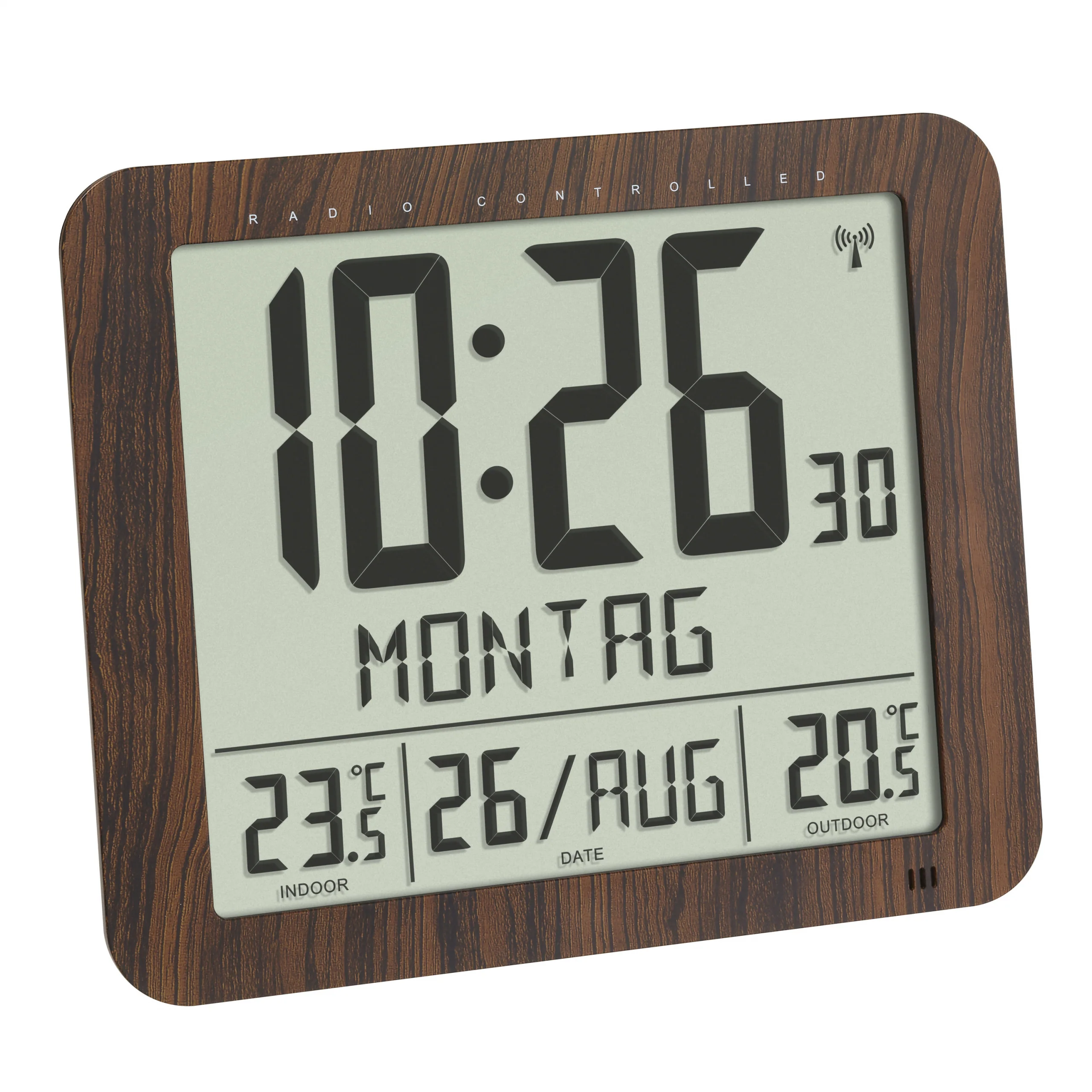 Funkuhr mit Außen- und Innentemperatur, 25 x 25 cm, ausgeschriebene Wochentage, Holz-Optik