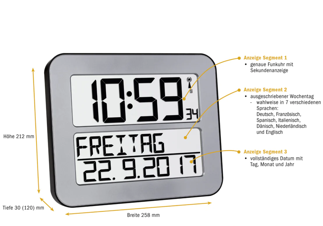 XL-Funkuhr TimeLine MAX mit ausgeschriebenem Wochentag, 30 x 25,8 cm, Weckfunktion, silber - Image 4