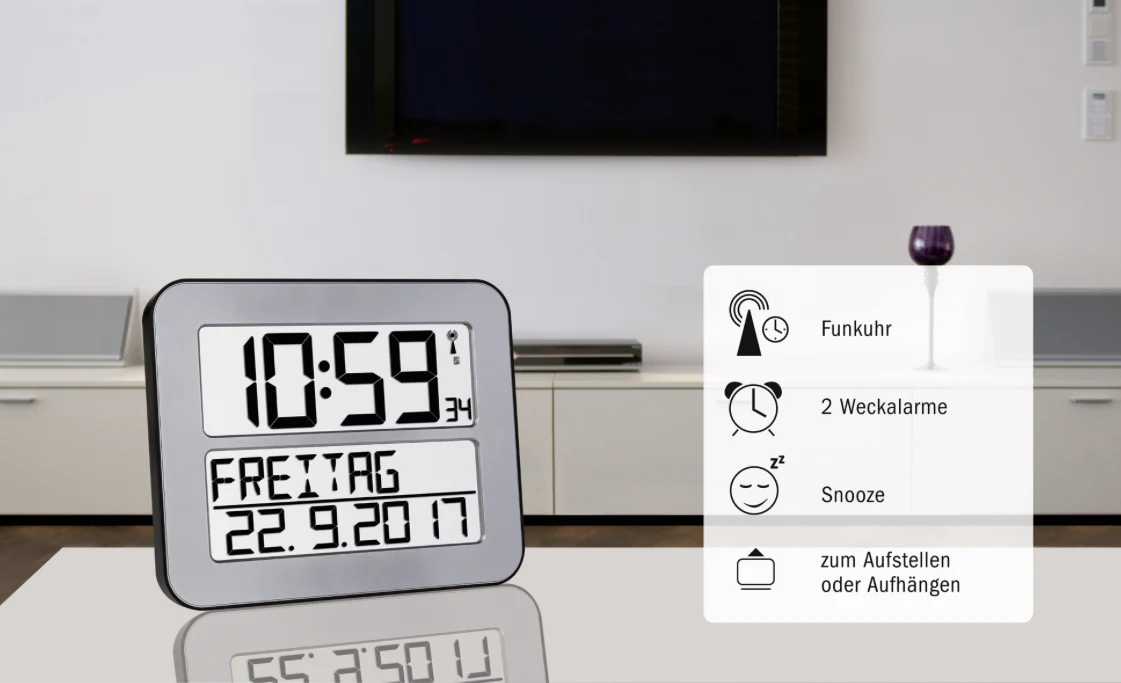 XL-Funkuhr TimeLine MAX mit ausgeschriebenem Wochentag, 30 x 25,8 cm, Weckfunktion, silber - Image 5
