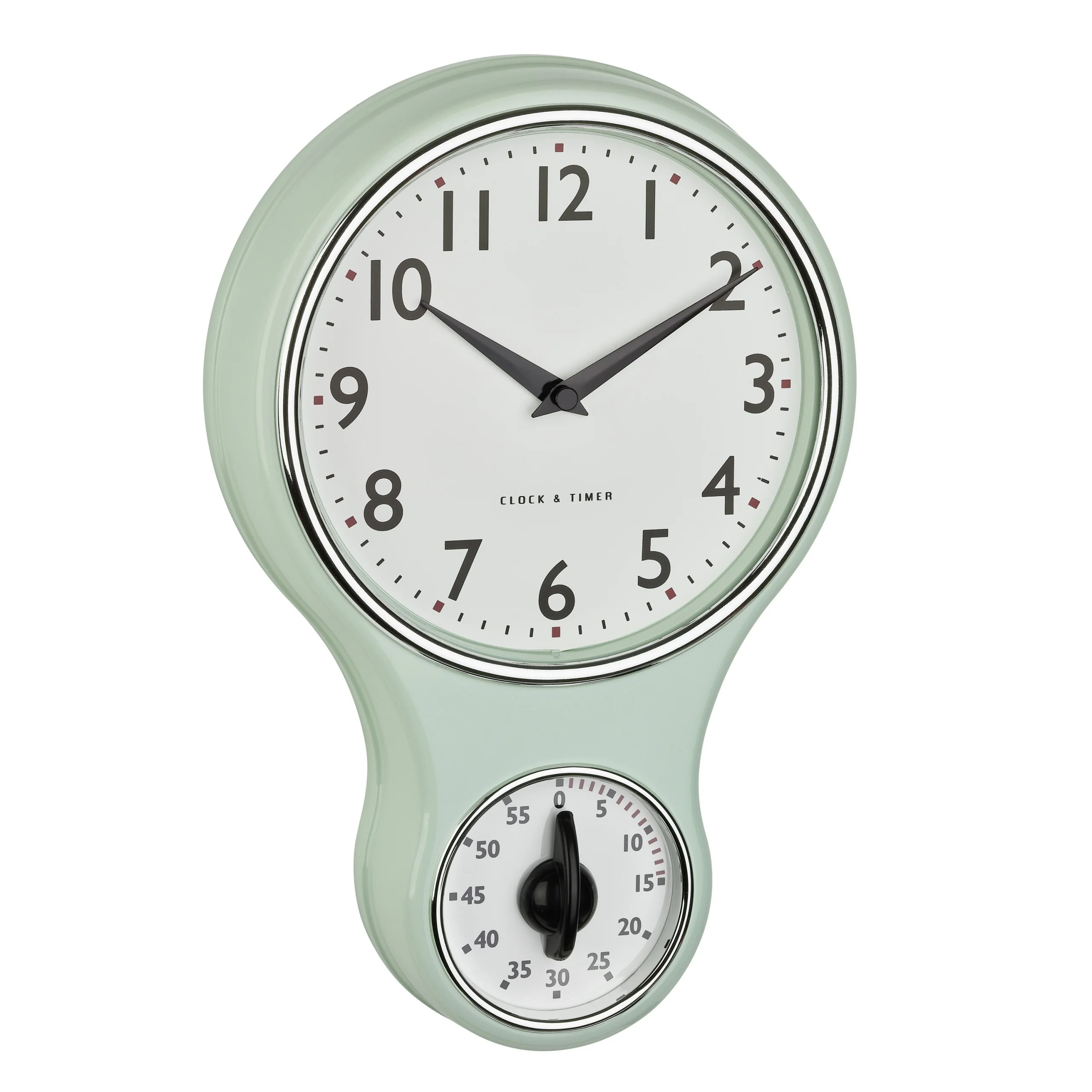 Retro Küchen-Wanduhr mit mechanischemTimer, gut ablesbares Zifferblatt, Glasabdeckung, mint-grün